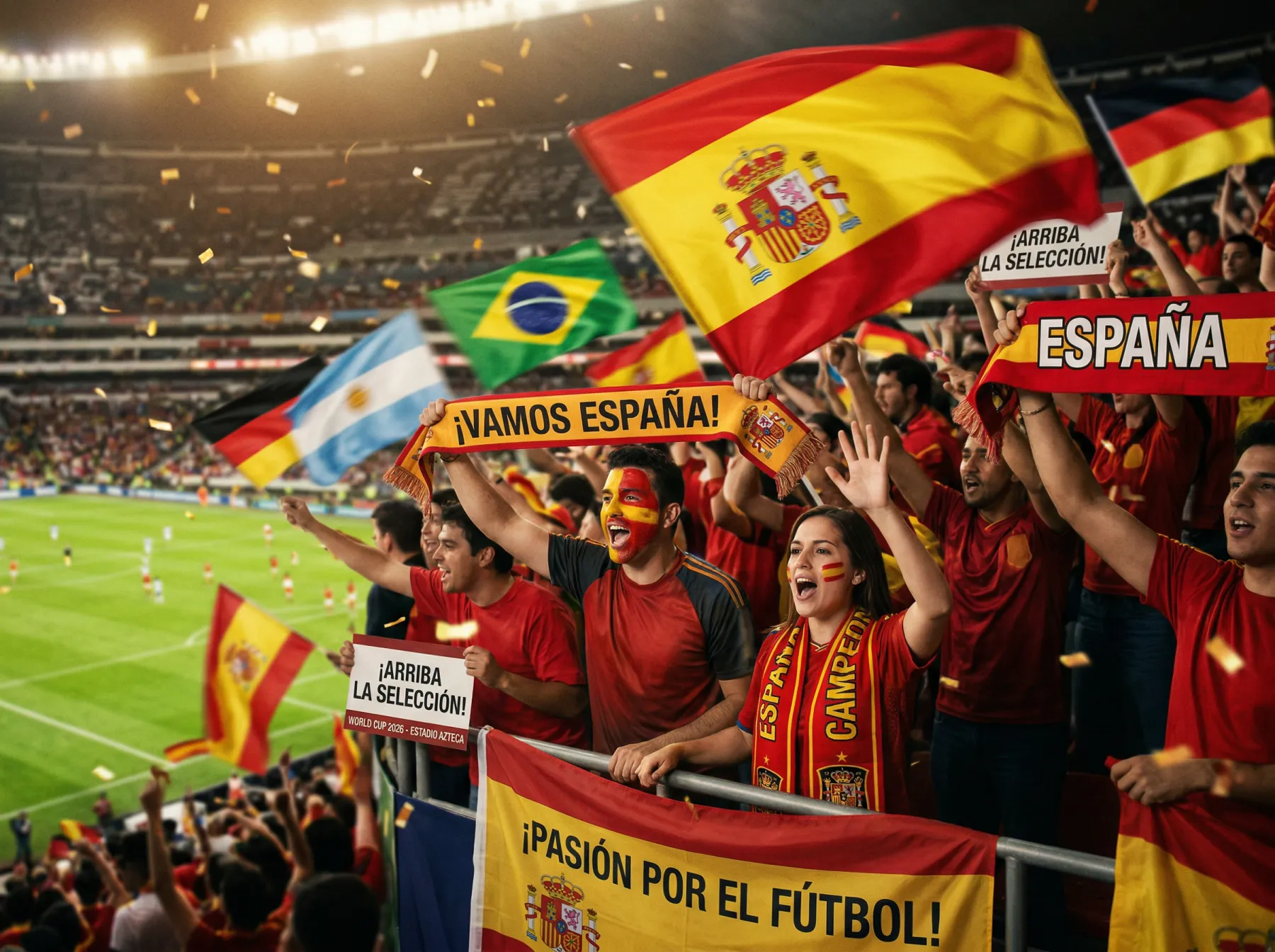 Aficionados con banderas de distintos países animando desde la grada de un estadio durante un partido del Mundial