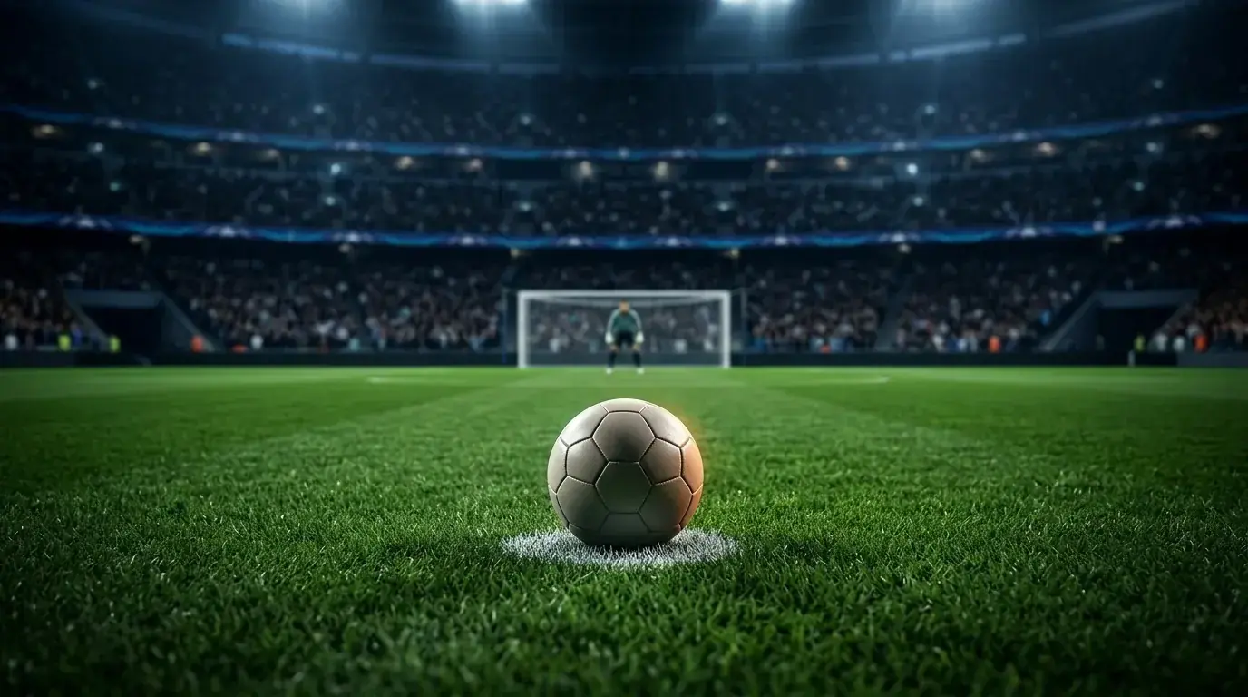 Un balón sobre el punto de penalti en un estadio a oscuras con las gradas llenas al fondo, ambiente de máxima tensión antes de una tanda