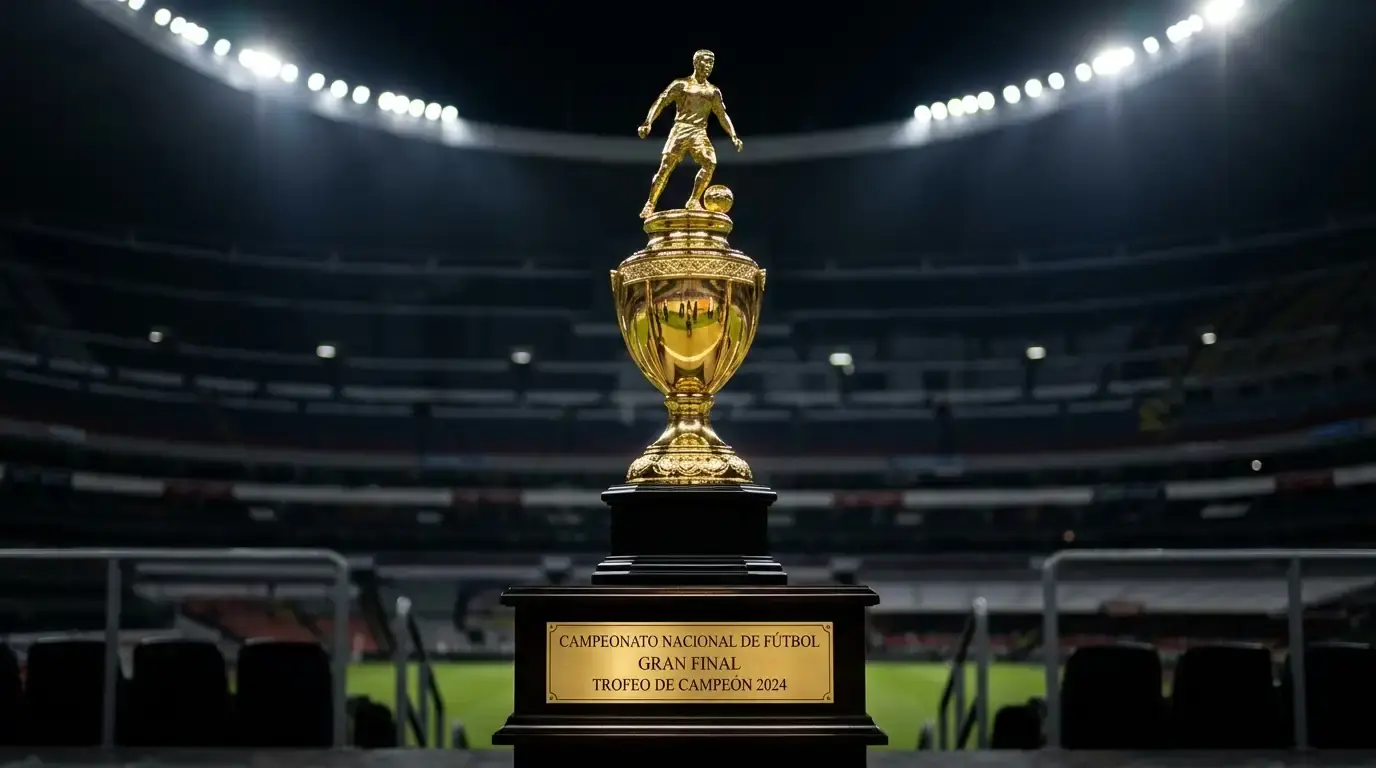 Un trofeo de fútbol dorado iluminado por focos sobre un pedestal en un estadio en penumbra