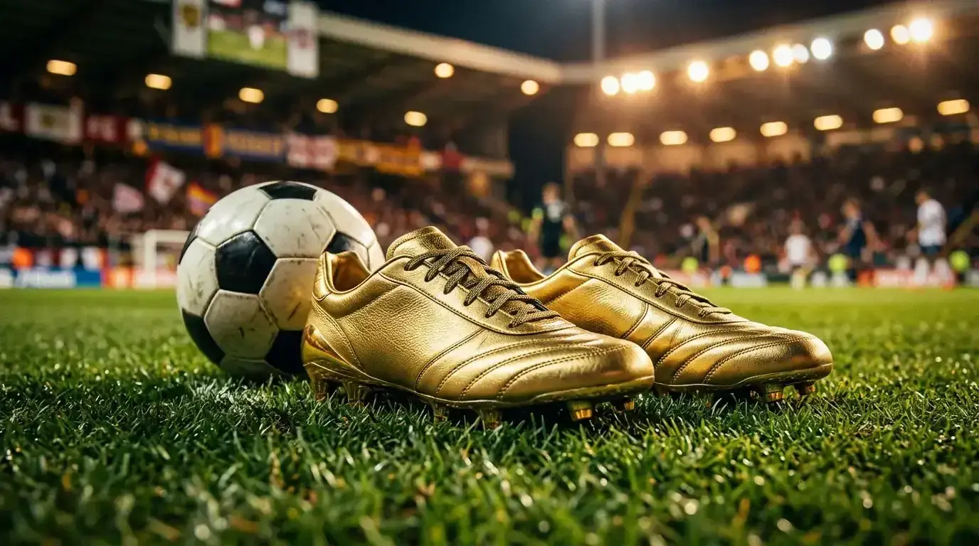 Botas de fútbol doradas sobre el césped de un estadio iluminado junto a un balón