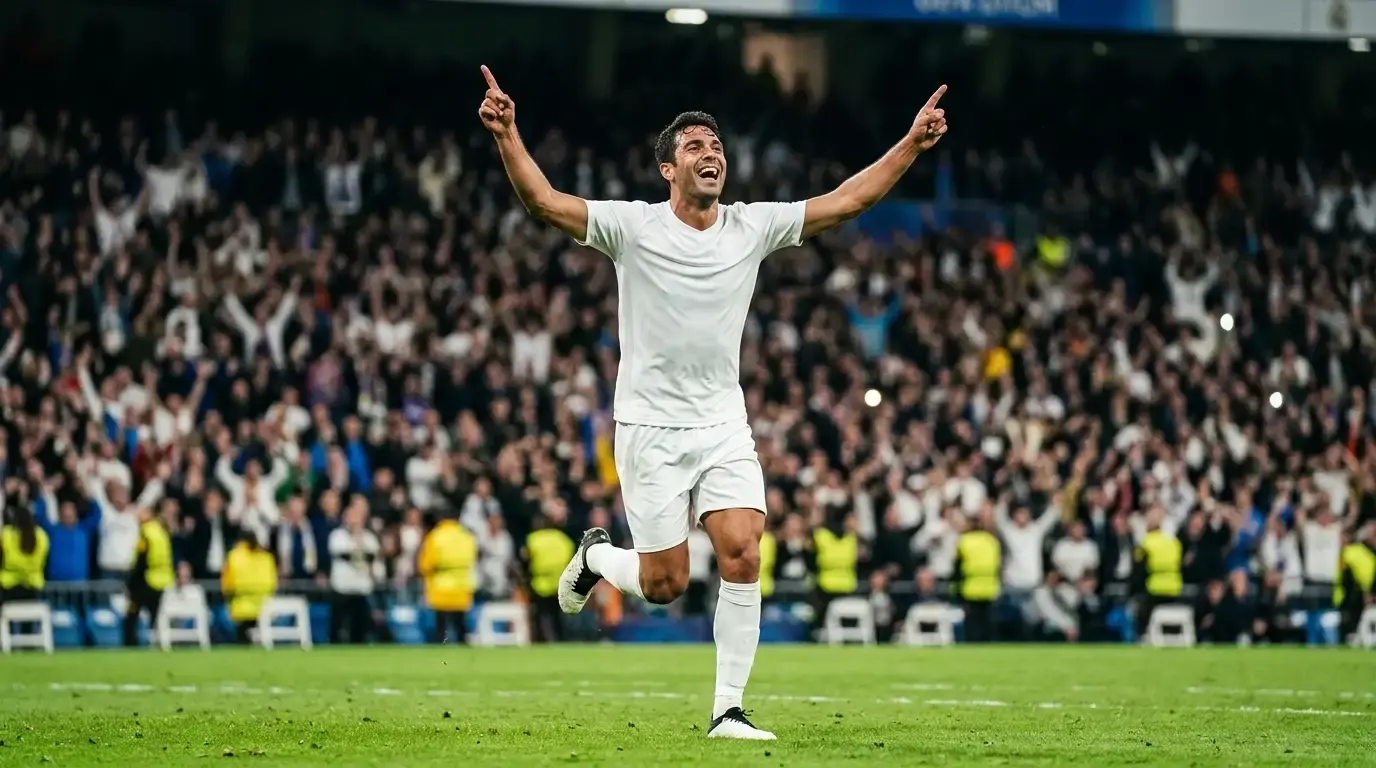 Un delantero celebra un gol señalando al cielo sobre el césped iluminado de un estadio lleno durante el Mundial