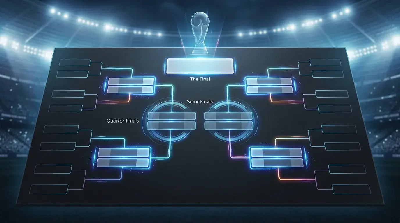 Panel de un cuadro de eliminatorias de fútbol con líneas y casillas de cuartos de final parcialmente completadas