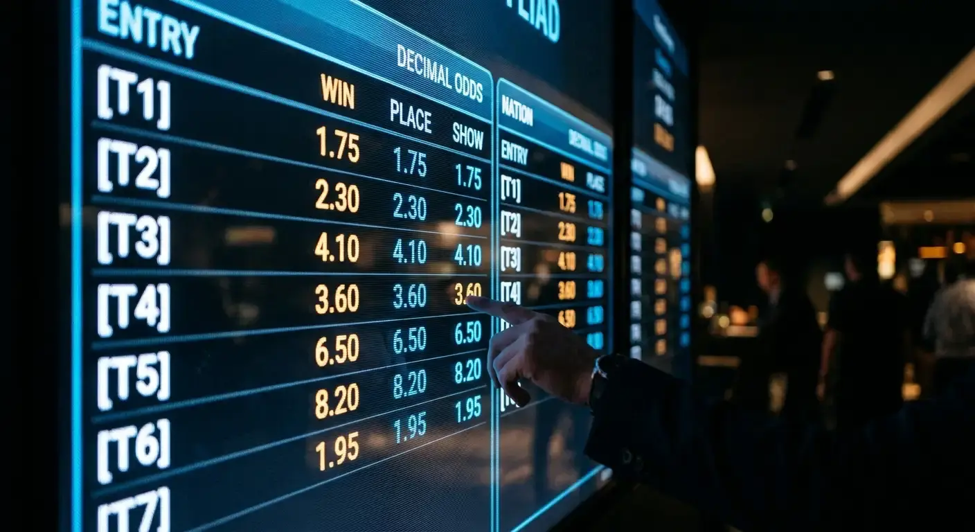 Pantalla de tablero de cuotas de apuestas mostrando una lista de selecciones con números decimales