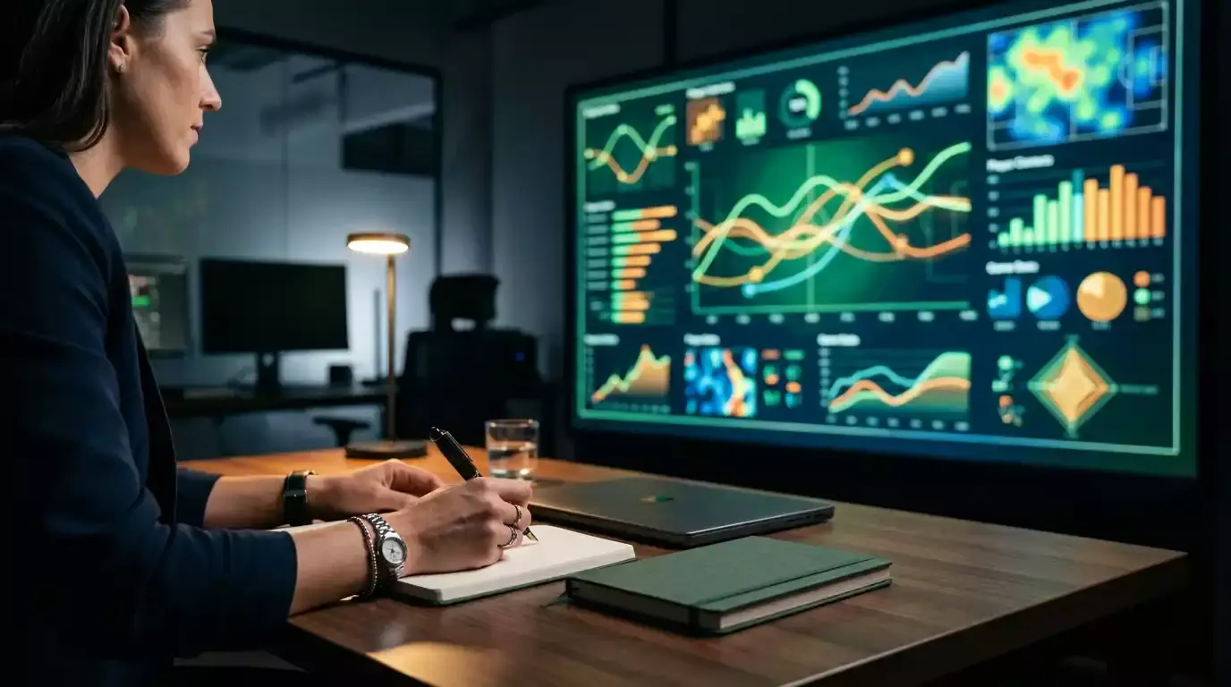 Pantalla de operador de apuestas con el mercado de ganador del Mundial 2026, líneas numéricas y código de colores, manos de un analista anotando en una libreta a la izquierda