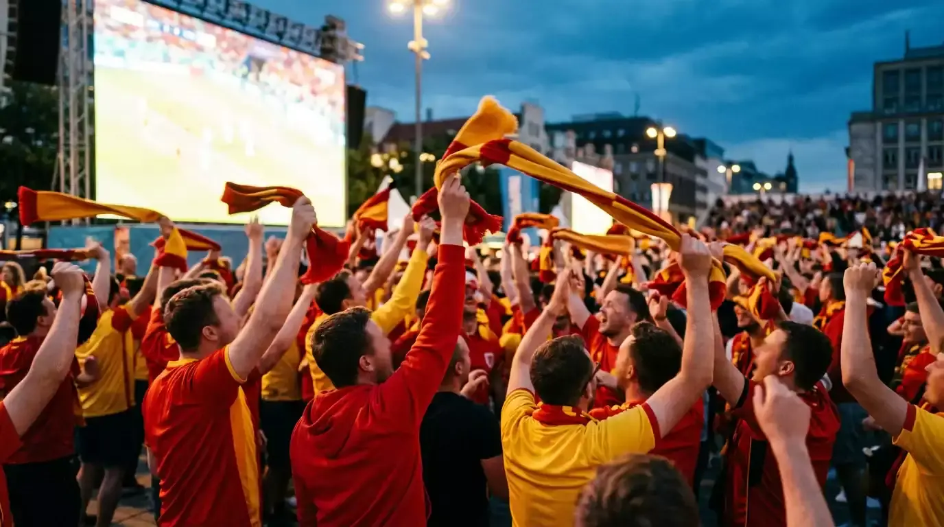 Aficionados de España celebrando un gol con bufandas rojigualdas en una fanzone urbana de Madrid