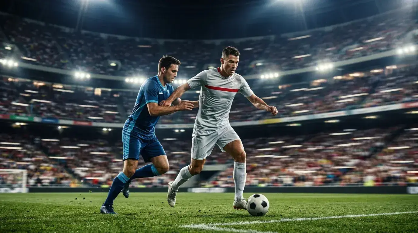 Un futbolista con camiseta clara conduce el balón presionado por un rival en un estadio iluminado durante la noche