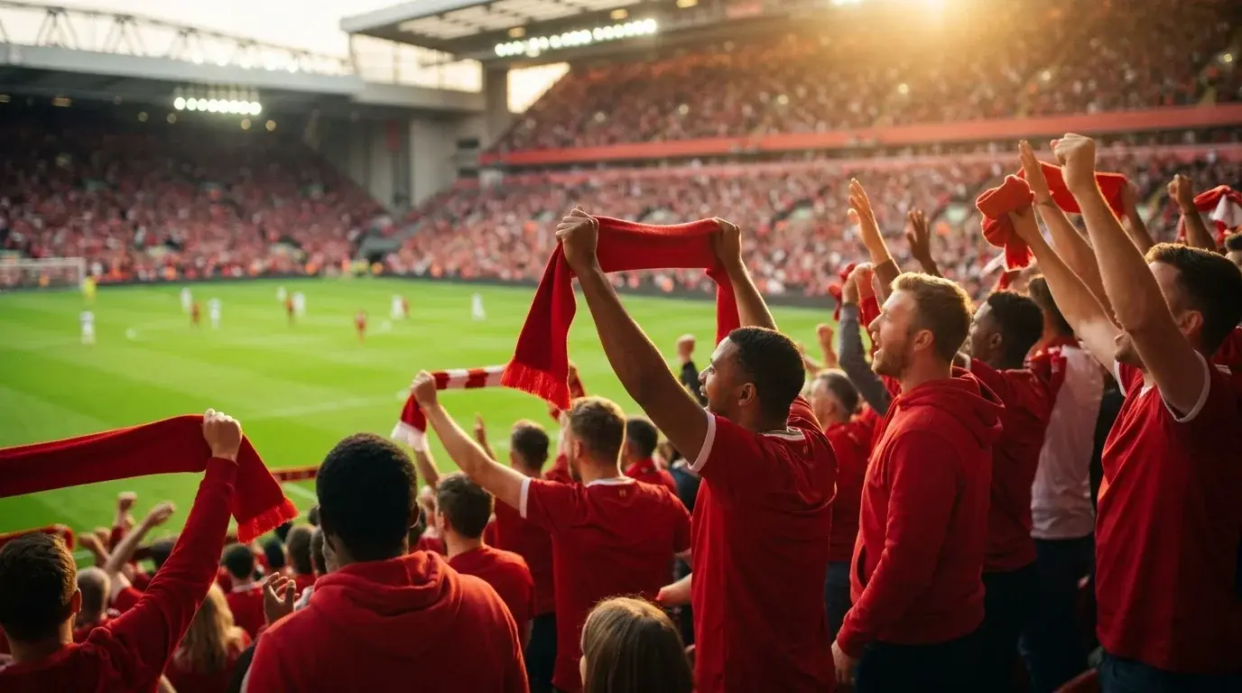 Aficionados con camisetas rojas animando en las gradas de un estadio moderno durante un partido de tarde del Mundial