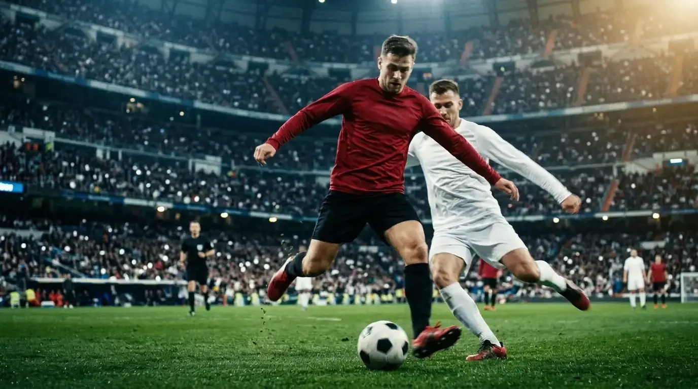 Un jugador con camiseta roja conduce el balón ante la presión de un rival de blanco en un estadio iluminado