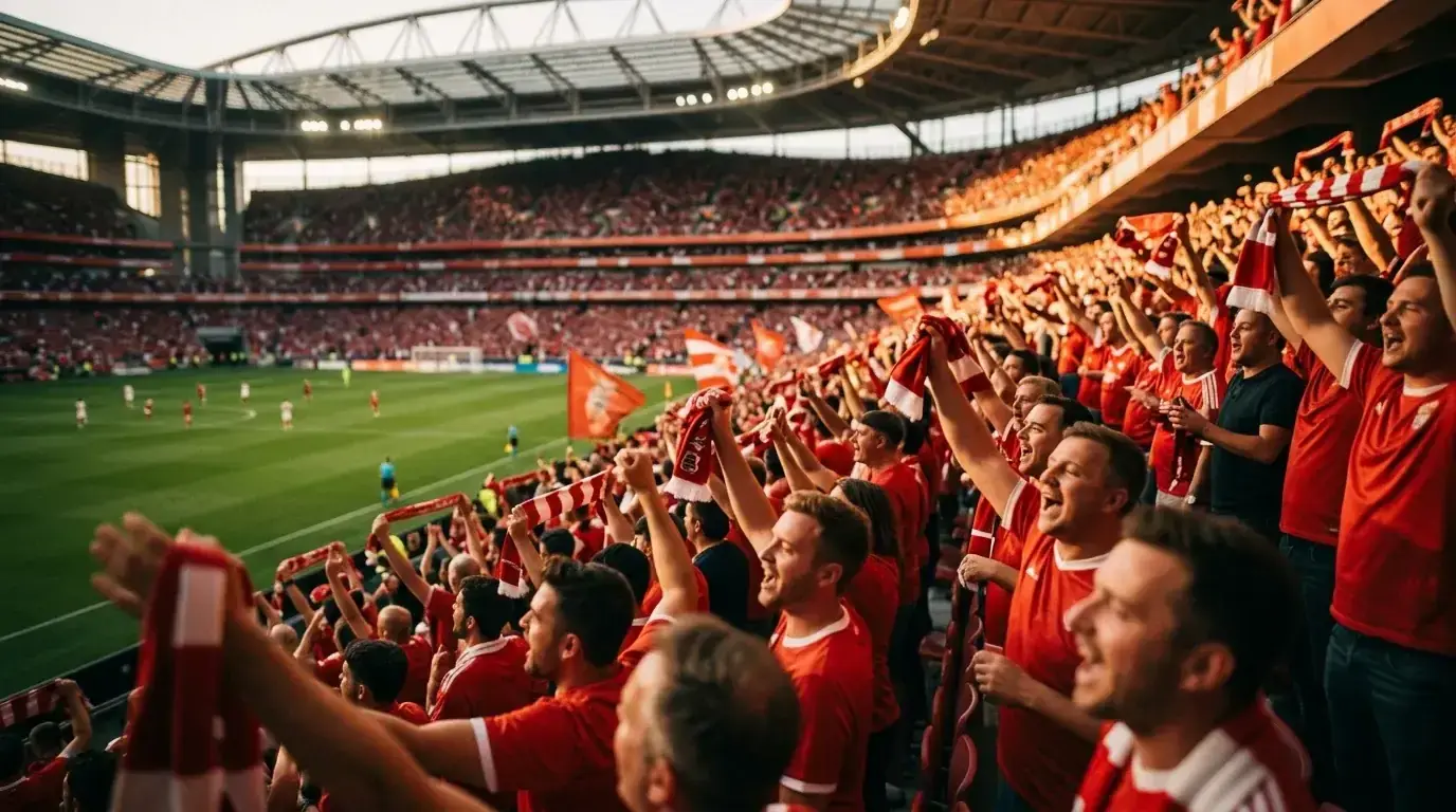Aficionados con camisetas rojas animando en un estadio moderno de gradas llenas durante un partido de tarde del Mundial