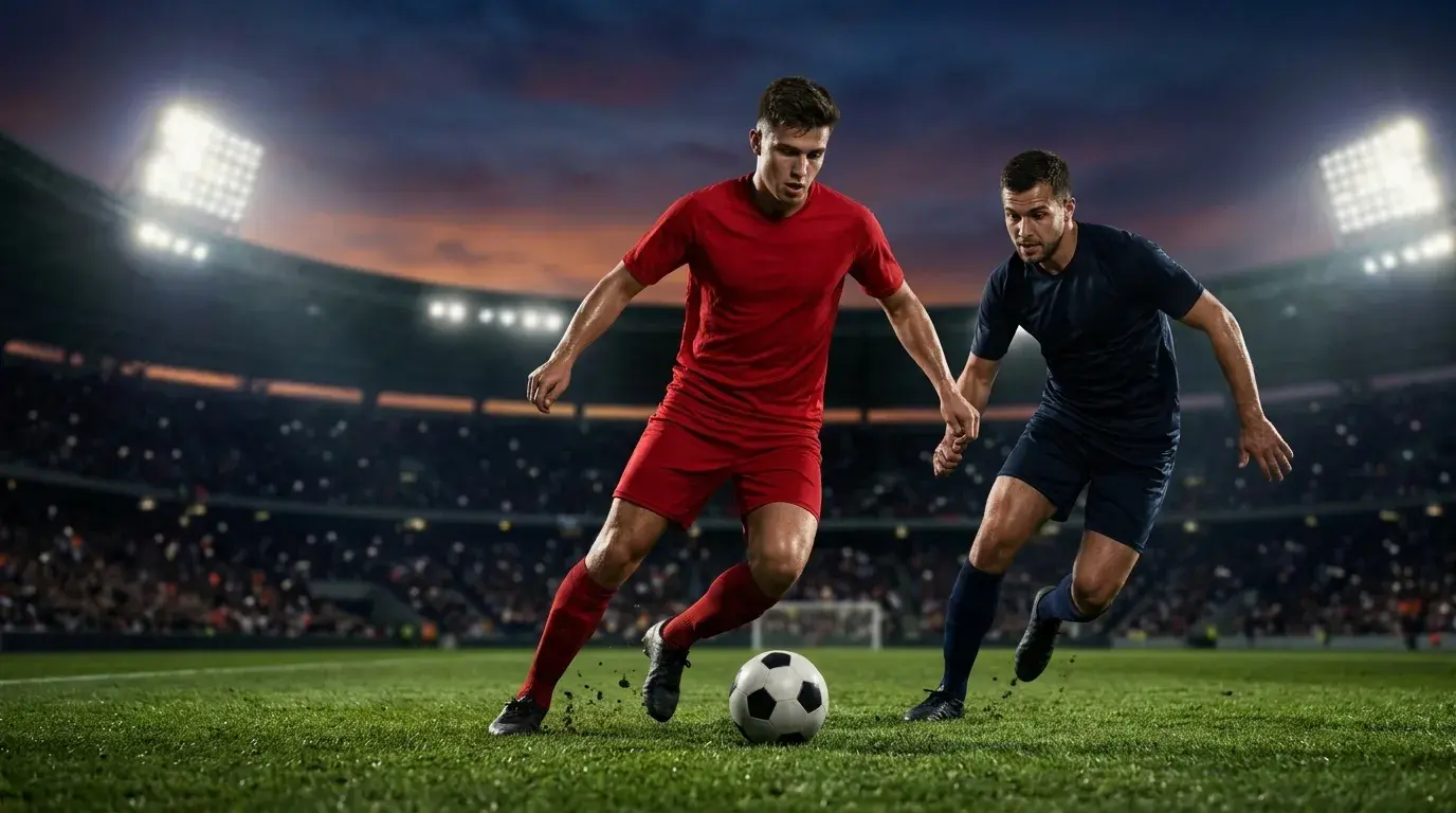 Un jugador con camiseta roja conduce el balón presionado por un rival en un estadio iluminado durante un partido del Mundial