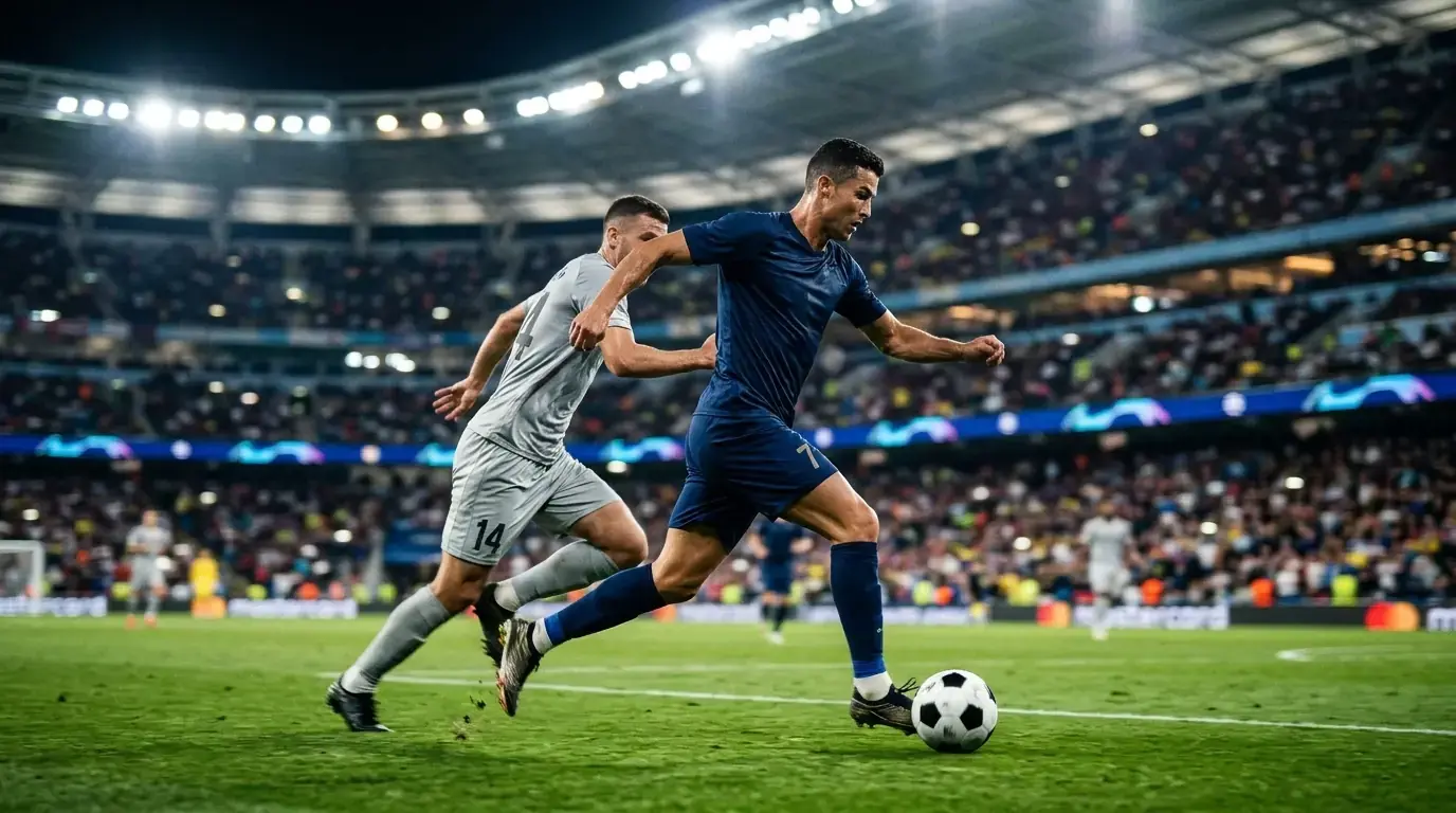 Un futbolista con equipación oscura conduce el balón a gran velocidad ante la presión de un rival en un estadio iluminado