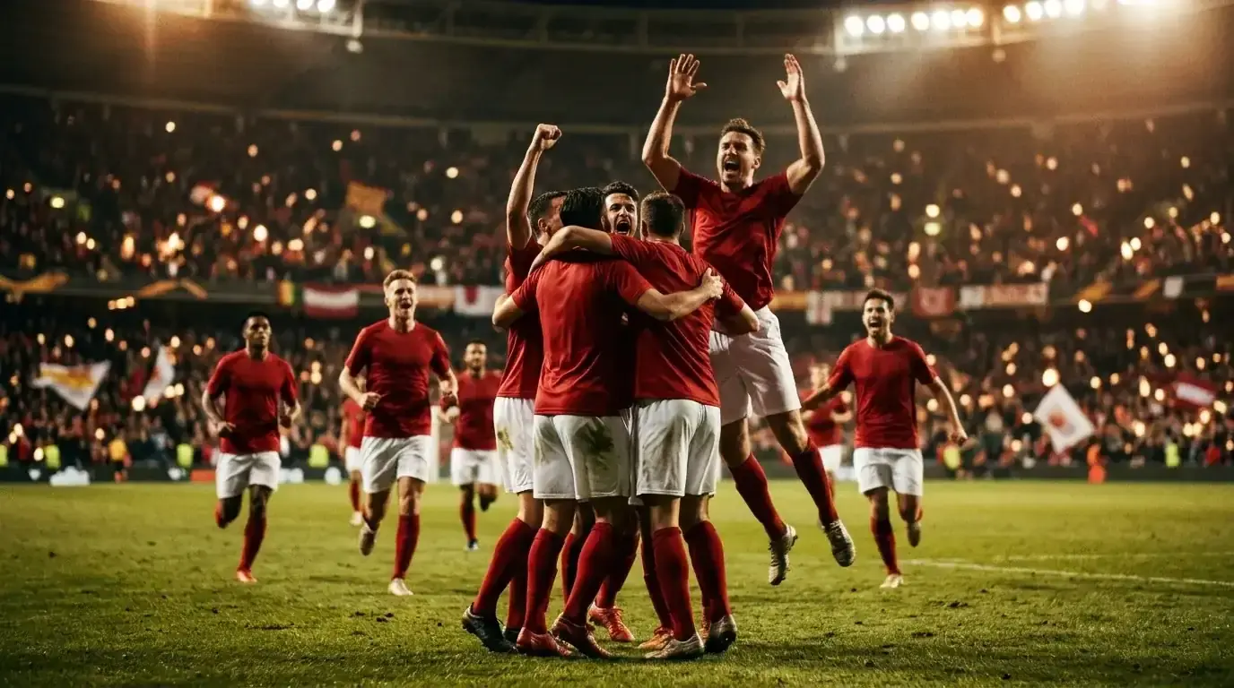Jugadores con camiseta roja celebrando eufóricos un gol en el último minuto en un estadio abarrotado durante un partido nocturno del Mundial