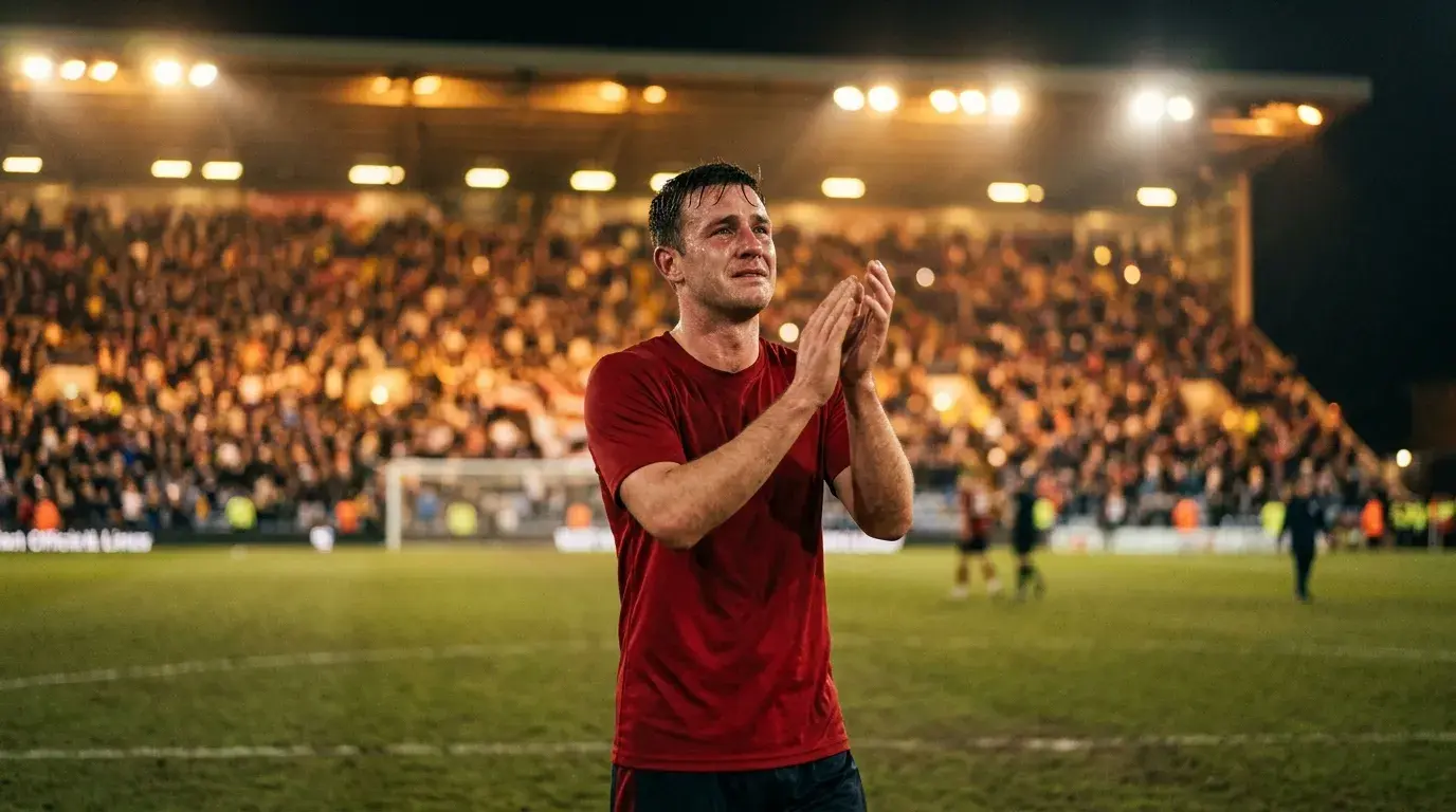 Un futbolista con camiseta roja, visiblemente emocionado, aplaude a la grada tras una victoria en un estadio iluminado del Mundial