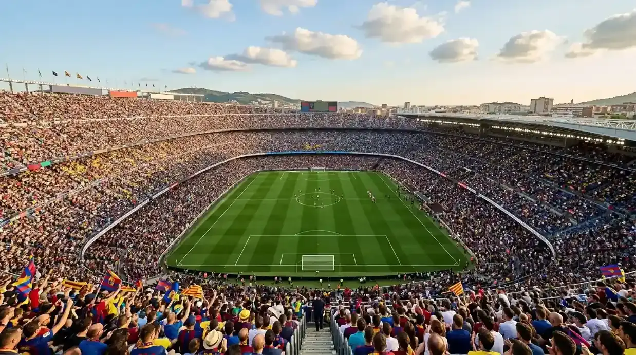 Ambiente de tarde soleada en un estadio abierto de gran capacidad con gradas llenas antes de un partido del Mundial