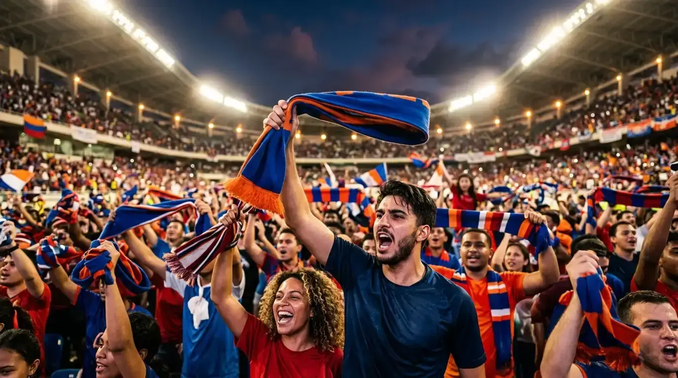 Aficionados con bufandas y camisetas animando bajo las luces de un estadio moderno en una noche calurosa de Mundial