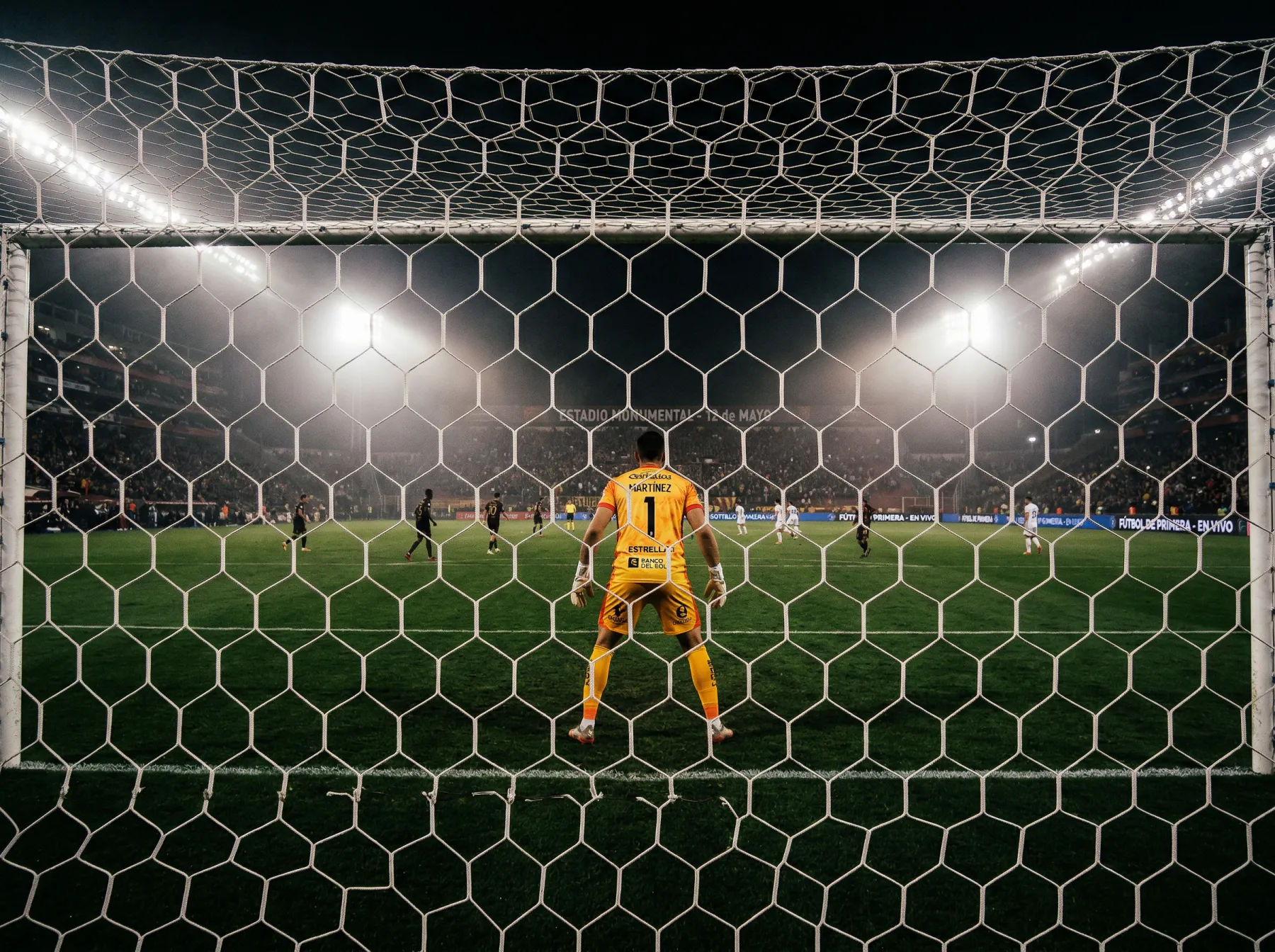 Portero frente a la red de la portería durante un partido nocturno con los focos del estadio encendidos