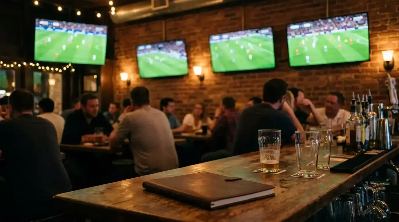 Mesa de bar en Madrid con cuatro pantallas mostrando los cuatro partidos del Mundial 2026 del 22 de junio simultáneamente