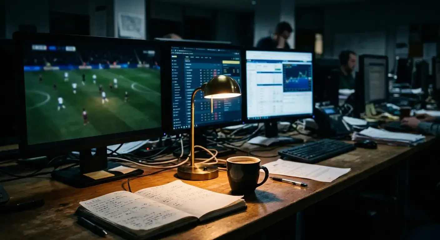Mesa de redacción deportiva de madrugada con varias pantallas mostrando partidos de fútbol y datos de cuotas